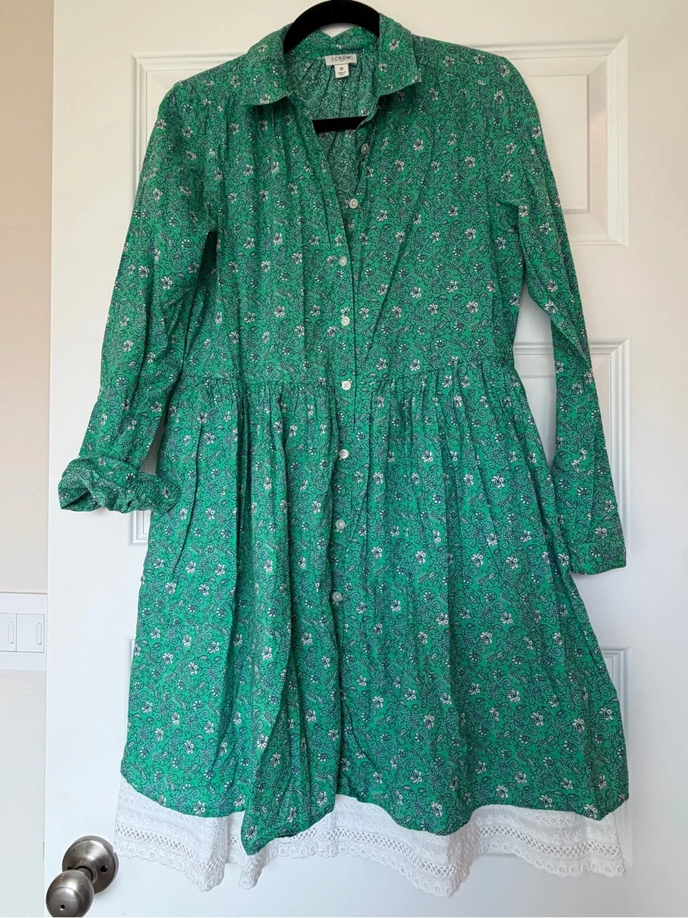 J. Crew Green Floral Long-Sleeve Button Dress with Lace - Picture 2 of 10